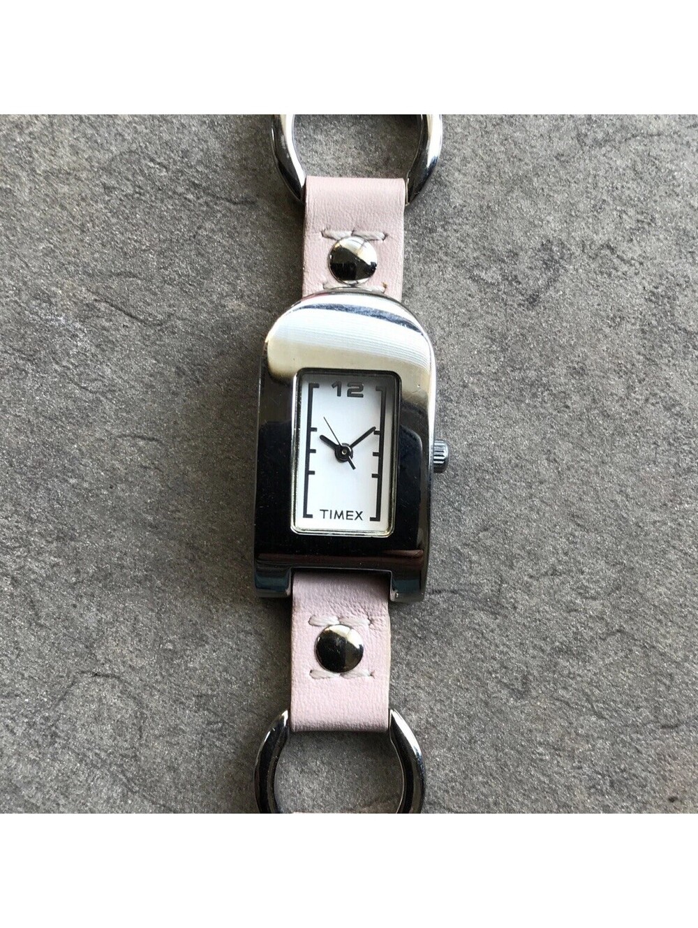 Beautiful TIMEX Womens Silver Tone Tank Watch W/Pink Leather Strap Band BG